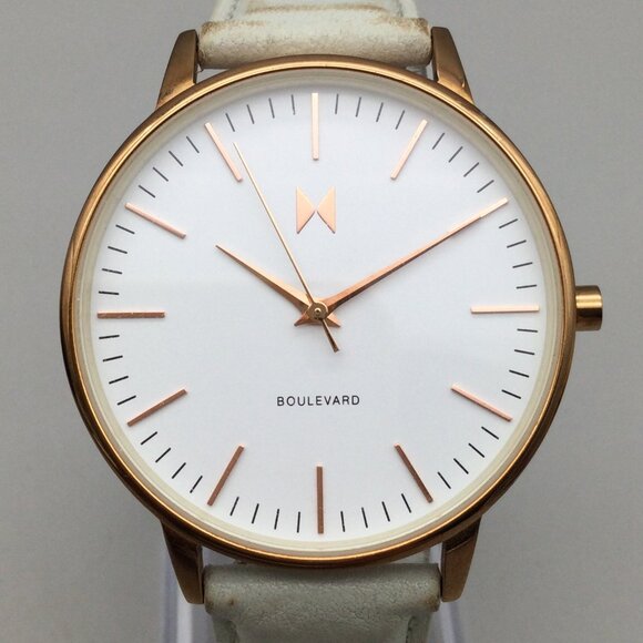 MVMT Accessories - MVMT Boulevard Watch Women 38mm Rose Gold Tone White Leather Band New Battery